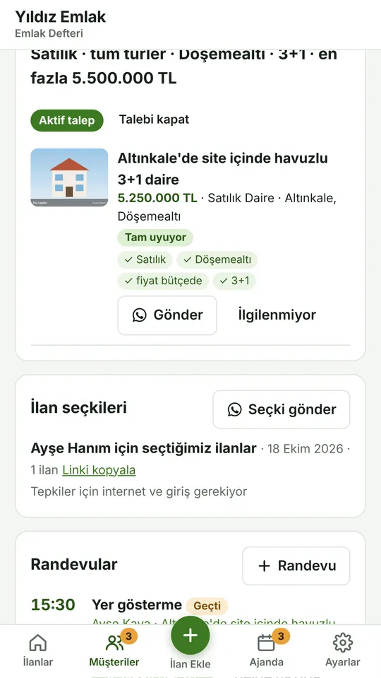 Müşteri talebine uyan ilanlar